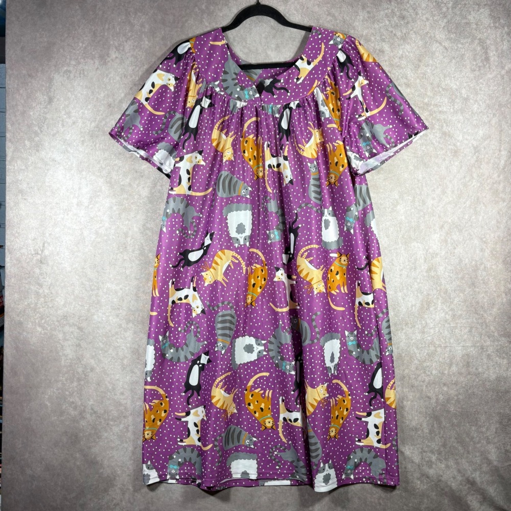 Anthony Richards House Dress Women Size XL Purple Cat Polka Dot Muumuu Nightgown